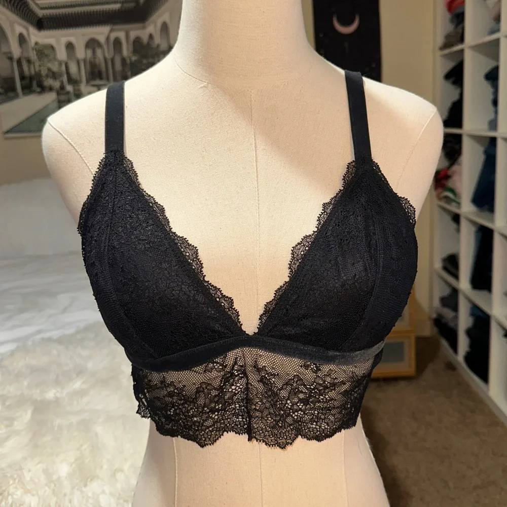 Victoria’s Secret | Longline Lace Velvet Bralette Black Plunge V Neck